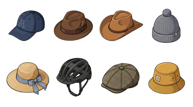 Collection of diverse hat styles in isometric view isolated on white background for fashion accessory design