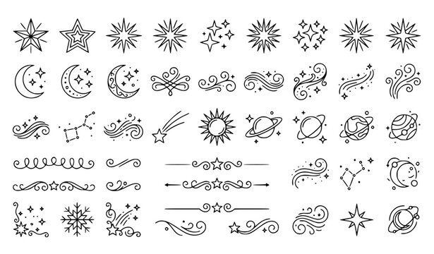 Collection of line art stars and swirls celestial vector illustration