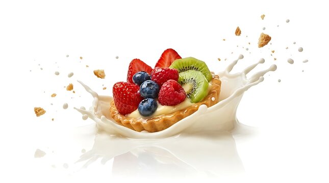 Tart with strawberries, blueberries, raspberries, and kiwi in milk splash