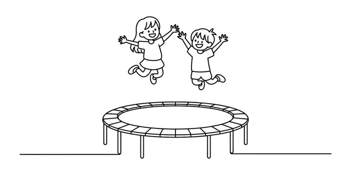 Happy little boy and girl jumping together on a round trampoline in a fun line art style Vector, illustration