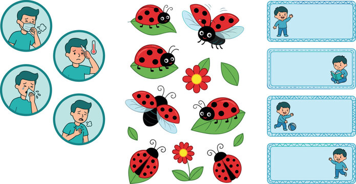 Diverse vector illustration template set featuring medical checkup medical icons cute cartoon ladybugs sticker pack and empty school name tags isolated on white background