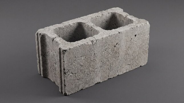 Concrete block isolated on grey background a standard grey cinder block with two hollow cavities, commonly used in construction and masonry