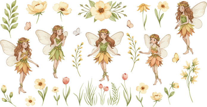 Whimsical illustration of multiple fairies standing among flowers in a garden with white background and colorful blooms