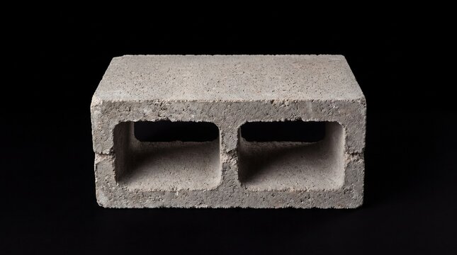 A single grey concrete cinder block isolated on a black background, showing its hollow rectangular structure and rough, textured surface
