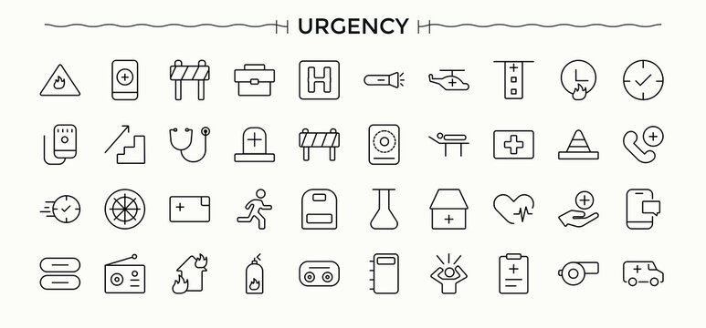 Urgent linear icon collection. Perfect for logos and infographic. Danger icon. Containing equipment, critical, urgency, sos, emergency, attention and more.