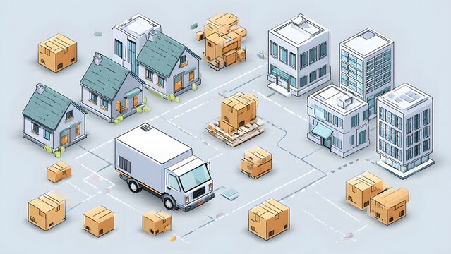 Isometric Cityscape with Buildings and Vehicles Illustration.