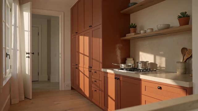 Inviting Modern Kitchen with Rust-Colored Cabinets and Natural Sunlight Illuminating the Space