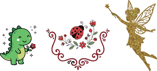 Cute fantasy vector illustration set featuring a small green cartoon dinosaur, decorative red floral ladybug flourish, and golden fairy silhouette isolated on white background © EdGe Creative