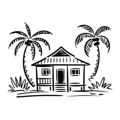 Obraz premium sketch of tropical beach hut with palm trees black and white