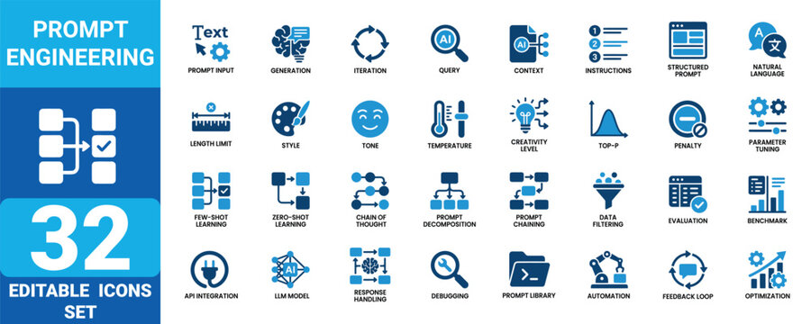 Solid icon set for prompt engineering editable vector illustration collection mega pack