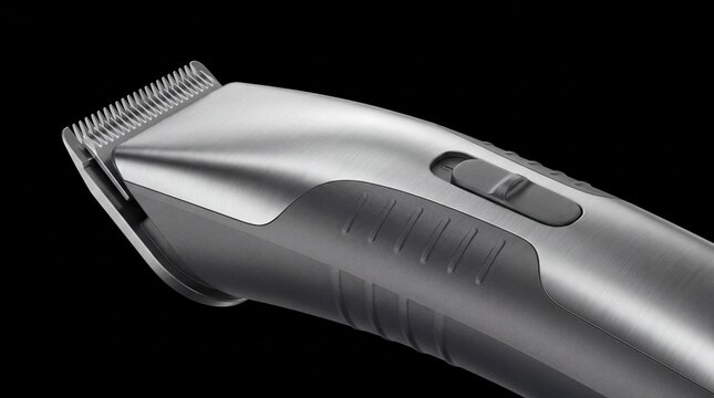 Closeup of a modern electric hair clipper or beard trimmer with a metallic finish and ergonomic black grip, professional grooming tool isolated on a black background