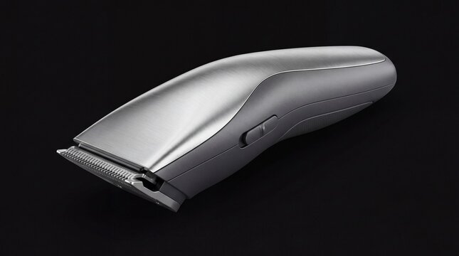 Modern electric hair clipper or beard trimmer with a metallic finish isolated on a black background