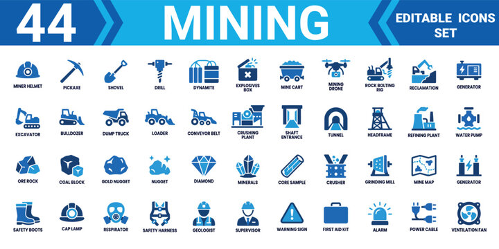 Mining icon set 44 editable vector illustrations for industrial resource applications