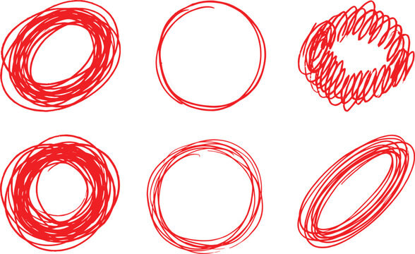 Set of hand-drawn red scribble circles and oval doodle shapes