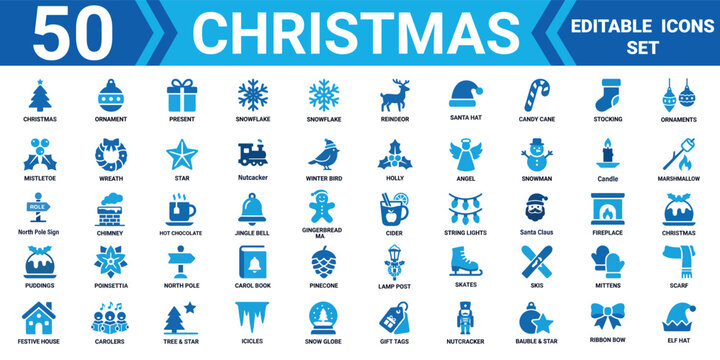 Christmas editable vector icon set 50 solid icons mega pack