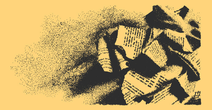 Chaotic explosion of vintage paper. Black and yellow textures create a dynamic abstract vector illustration.