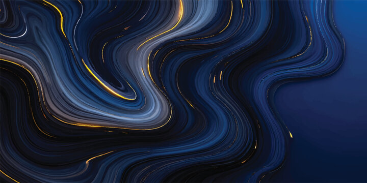 An abstract dark blue wallpaper features a digital 3d illustration of liquid waves and a vortex pattern with a subtle metallic texture