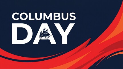 Columbus day greeting with ship silhouette and abstract shapes, red and orange abstract wavy