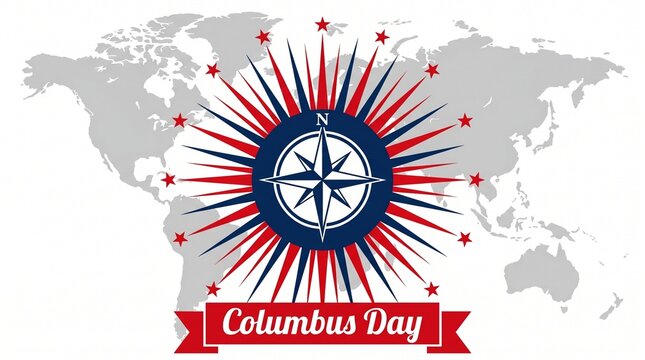 Columbus day graphic with compass rose and world map a stylized compass rose in red white
