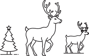 Naklejka premium Reindeer family with christmas tree outline illustration vector for holiday coloring book or seasonal graphic design elements reindeer christmas decoration wildlife illustration