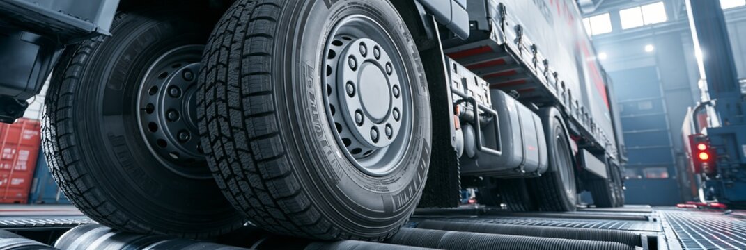Medium shot showing a conventional truck loaded with freight on a rolling road focusing on tire traction and stability during dynamometerbased evaluation.