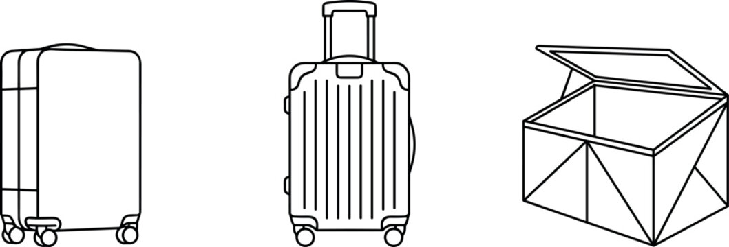 Minimalist travel line icon set featuring two rolling suitcases with handles and an open geometric storage box isolated on white background.