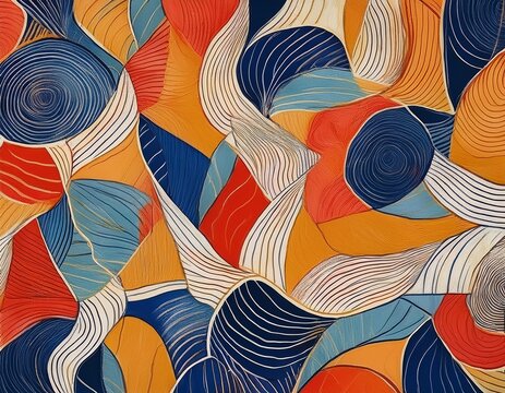 hand painted textured wallpaper pattern in organic geometric style with random pantone colors and white lines reminiscent of japanese woodblock prints