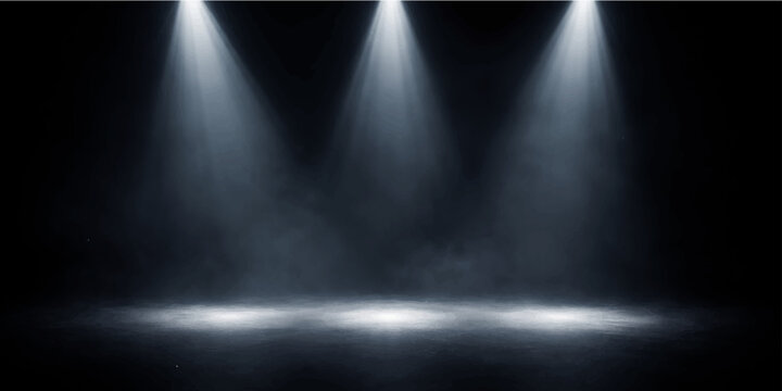 Three dramatic spotlights shining on dark stage floor with soft mist effect, perfect for theatrical, concert, performance, or event backgrounds