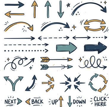 Hand-drawn vector illustrations of various arrows. Sketch-style doodle indicator set featuring straight, curved, dashed, dotted, spiral, two-way, and circular arrows with next, back, up, down, and cli