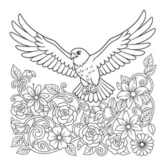 Obraz premium Eagle descending over a lush garden of roses mixed blooms and scrolling vines for a coloring page