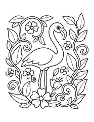 Fototapeta premium Flamingo standing amid a lush arrangement of scrolling vines flowers and large tropical leaves coloring page