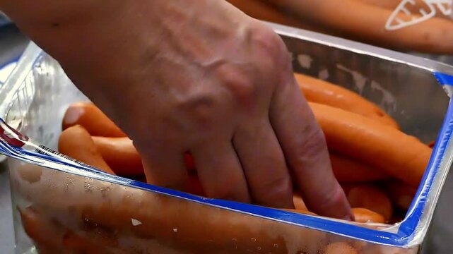Transferring the sausages to a bag.