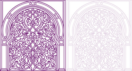 Islamic Arch Pattern with Floral Ornament in Purple Vector Line Art American Occassion © Rayhan K.