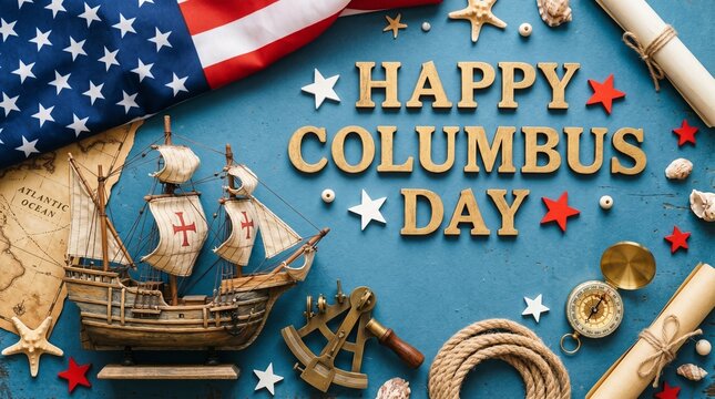 Happy columbus day celebration with us flag and nautical decor nautical celebration exploration