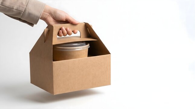Hand holding a blank kraft paper takeout box mockup with food container inside on white background