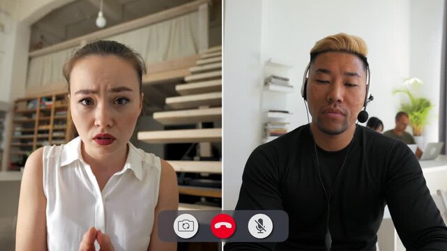 Two young people connect over an online call, showing a range of emotions on their faces. Their expressions reflect feelings of concern and confusion during the chat.