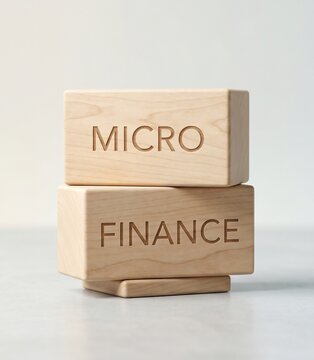 Wooden blocks with 'micro finance' stacked on a white surface for business and financial concepts