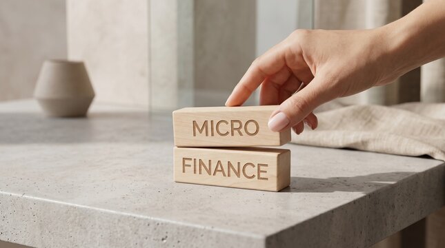Hand placing wooden blocks with micro finance text on modern gray stone surface