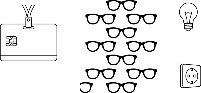Minimal Optical Store and Smart Device Icon Collection Featuring Eyeglasses, ID Card, Light Bulb, and Technology Symbols Vector Set