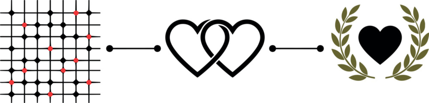 Minimalist graphic elements set featuring a square grid matrix, interlocking infinity hearts, and a laurel wreath framing a solid black heart isolated on white background.