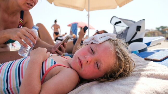  Exhausted little girl suffering from heatstroke and sunburn lying on a beach with a cooling wet compress on her forehead during extreme summer heat.