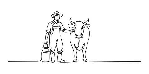 Continuous line drawing of a farmer with a milk bucket and a cow standing in a farm Vector, illustration © Normal Line Drawing