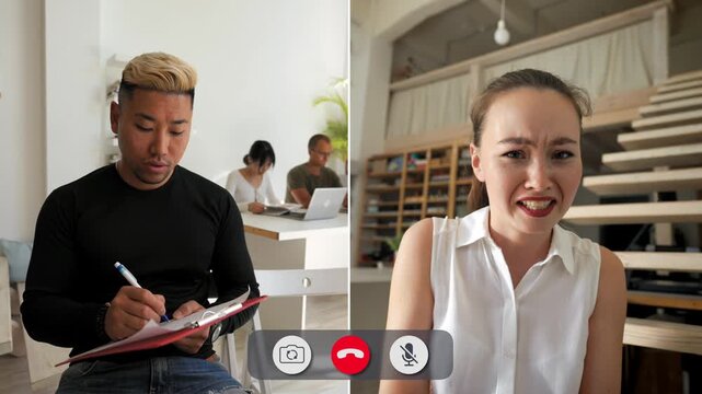 Young people take part in an online call. They express different emotions during the conversation. Each person shows feelings while speaking and listening.