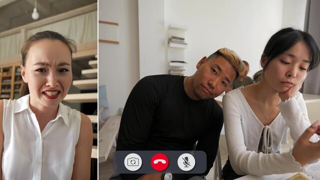 Young people are on a split screen call showing different emotions. Some look upset while others seem confused and frustrated during their conversation.