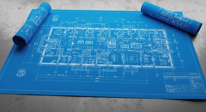 Blueprint, architectural plan, rolled up, blue print, engineering design