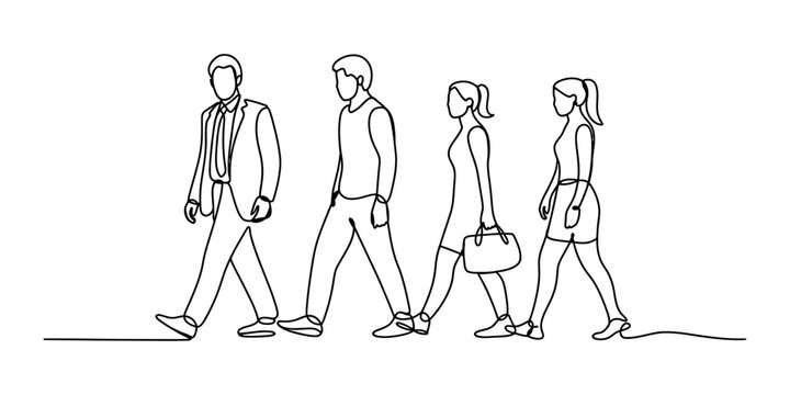 Group of diverse people walking together in a line continuous one line drawing style for simple minimalist business concept art and modern lifestyle design Vector, illustration