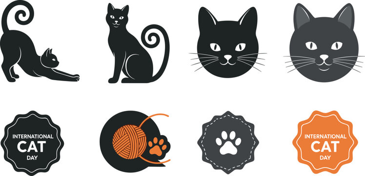 International Cat Day Vector Icon Set with Black Feline Silhouettes Yarn Ball Paw Prints and Graphic Labels