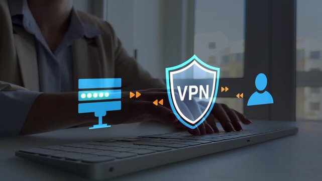 VPN technology concept with secure internet access, encrypted connection, privacy protection and safe online browsing on digital network background.