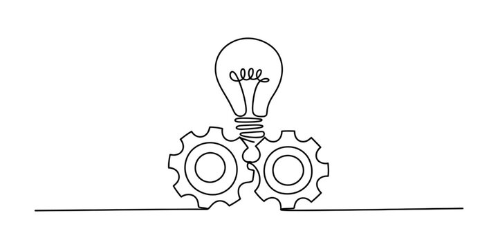 Continuous single line drawing of a light bulb sitting on two mechanical gears representing a creative idea and problem solving process for business growth Vector, illustration