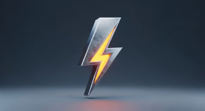 Electric lightning bolt icon, glowing yellow and orange, metallic 3D illustration